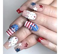 4th of July Colle sur les ongles courts carrés Faux indépendance Day French Tip Press Colle acrylique artificielle pour ongles