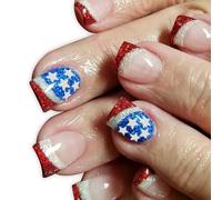 4th of July Colle sur les ongles courts carrés Faux Indépendance Day French Tip Press on Artificial Acrylic Glue on Nail