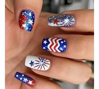 4th of July Colle sur les ongles courts carrés Faux ongles Independence Day French Tip Press On Artificial Acrylic Independence Day French Tip Press Nail