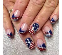 4th of July Colle sur les ongles courts carrés Faux ongles Independence Day French Tip Press On Artificial Acrylic Independence Day French Tip Press Nail