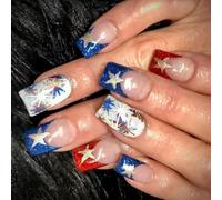 4th of July Colle sur les ongles courts carrés Faux ongles Independence Day French Tip Press On Artificial Acrylic Independence Day French Tip Press Nail