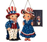 4th Of July Door Hanger - Vintage Wooden 2 Piece Patriotic Hanging Decor Design | Independence Day Holiday Door Wall Porch Yard Window Decoration Set | For Indoor Outdoor Home Office