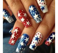 4th of July Faux ongles à presser avec paillettes bleues et rouges