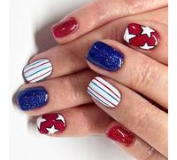 4th Of July Glues On Nails Short Square Fake Independence Day French Tip Press On Artificial Acrylic Artificial False Nail