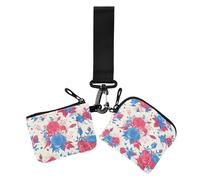 4th of July Independence Day - Lot de 2 portefeuilles à double poignet pour femme - Motif roses rouges et bleues - Organisateurs d'argent fins et plats avec porte-clés pour femme, 4 juillet