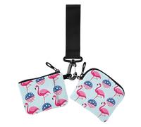 4th of July Independence Day Pink Flamingos Women Dual Wallets Business Card Cases Minimalist Women Money Organizers with Wrist Strap for Lady 2 Pcs, Flamants roses du 4 juillet, 1 size, Décontracté