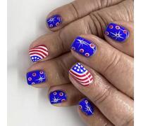 4th of July Lot de 24 faux ongles à presser carrés courts préformés pour manucure patriotique, fêtes d'été et nail art - Pas de colle nécessaire, réutilisables et faciles à appliquer