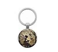 4Trails Porte-clés fée avec motif de forêt enchantée, papillons et clair de lune, pendentif rond en verre avec anneau en métal