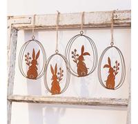 4x Décorations à suspendre "Lapin de Pâques" en métal, aspect rouille, 10 x 14 cm, décoration de Pâques, lapin dans un œuf de Pâques