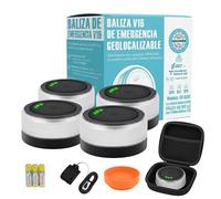 4X Lumière d’Urgence V16 Homologuée DGT 3.0 avec Géolocalisation, Balise LED 360º , eSIM Données jusqu’en 2038, Double Alimentation Piles AA ou USB, Kit avec Étui et Ventouse, pour Voiture et Moto