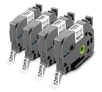 4x Pristar 12mm Étiquette à Forte Adhérence Compatible pour TZe-S231 TzS231 | Laminé Adhésif Puissant Ruban Noir sur Blanc pour Brother PT-H100LB E110 H107B H200 1250S H101C D400 E300VP 1000 1005 1010