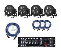 4x Projecteur Flat PAR 5 LED RGBW Effet Lumiere Disco Set Controleur DMX Cable