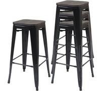 4x tabouret de bar HWC-A73 avec siège en bois, chaise de comptoir, métal, design industriel, empilable noir