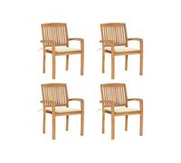 4x Teck Solide Chaises de Jardin Empilables avec Coussins Fauteuils de Terrasse Fauteuils de Salle à Manger d'Extérieur Chaises de Patio