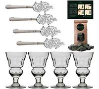 4X Verres à Absinthe Pontarlier de ALANDIA | avec réservoir | 4X Cuillères Feuilles | Acier Inoxydable | 1x Sachet de Sucre
