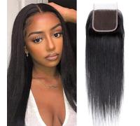 4x4 Lace Closure Cheveux Humain Bresilienne Lisse HD Transparent Swiss 100% Non Transformés Vierge Tissage Naturel Cheveux Humain Straight Free Part Naturel Noir (14 Pouces)
