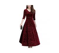 (4XL,Wine Red)Women\'s Casual Velvet Dress V Neck French Style Elegant Slim Fit Dresses for Party Wedding Wear