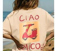 [5 articles au hasard, 1 article envoyé] T-shirt vintage oversize beige pour filles, imprimé scooter Ciao Amico au dos, tee-shirt décontracté d'été. 6Y,7Y,8Y,9Y,10Y,4Y,5Y,14Y,11Y,12Y,13Y,16Y,15YLettre