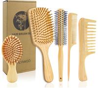 5 Bamboo Hair Brushes,Natural Wooden Combs Massage Brush for Dry/Curly/Wet Hair,Hair Brush for Women and Men