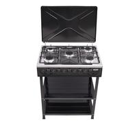 5-Brenner Gasgrill mit Deckel, Mobiler Gasherd Outdoor Camping Grillwagen mit 2-Tier Ablagefläche & Windschutz, 12,5KW Leistungsstarker Tischgasgrill für Balkon, Garten, Angeln und Picknick, Schwarz
