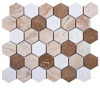 (5 carreaux) Carreaux de mosaïque, marbre, pierre naturelle, 5,8 cm, mélange hexagonal de travertin en marbre poli, pour sol, mur, salle de bain, WC, douche, cuisine, revêtement de comptoir,