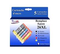 - 5 Cartouches Compatibles avec Epson XP620, XP625, XP700, XP710, XP720, XP800, XP810, XP820 remplace Epson T26XL +10 papiers photo A6 - T3AZUR