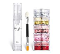 5 couleurs visage et corps paillettes, holographique poussée paillettes, pour visage ongles art maquillage à lèvres brillant avec une brosse à deux extrémités et une bouteille de gel