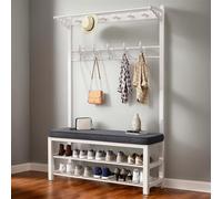 5-en-1 Entryway Shoe Coat Rack Hall Tree with Bench, Cushioned Stool & Hooks - Stylish Storage nizer for Home, White (12,9" D x 39,4" W x 67,7" H)