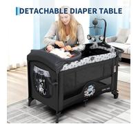 5 en 1 Lit Parapluie Bébé avec Matelas Barre Détachable avec Auvent Réglable,2 Jouets Musical et Sac Transport 0-3 Ans NOIR