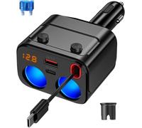 5 en 1 Retractable Chargeur Voiture, 180W Charge Ultra Rapide 2 Prise avec Câble Télescopique (2.6ft) PD 36W&QC3.0 Voltmètre LED avec Interrupteur Indépendant