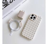 5-en-1 Set : Coque de téléphone avec motif à pois noirs imprimé UV + Couvercle de chargeur + Protecteur de câble + Cordon de rangement + Câble de données enroulable, Coque de téléphone de protection a