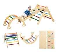 AIYAPLAY 5 en 1 Triangle Arche d'escalade Enfants en Bois Massif avec Rampe d'escalade réversible, Toboggan, Bascule, Parcours de motricité, Charge 50 kg, pour bébé de 18 à 48 Mois, Multicolore