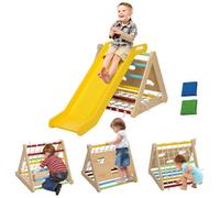 Ensemble d'escalade en bois 5 en 1 - triangle Pikler, toboggan, filet à grimper, rampe, jeu adresse - panneaux bois pin