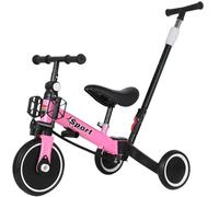 5-en-1 Tricycle Évolutif, Vélo Bébé Multifonction Réglable de 1,5 à 4 Ans, Vélo sans Pédales - Tricycle avec Poignée de Poussée, Siège Réglable, Pédales Amovibles/Rose