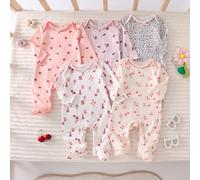 [5 ensembles aléatoires, 1 set envoyé] Barboteuse maison pour nouveau-nés 0-12 mois, style Mori à fleurs miettes avec chaîne artisanale et contraste de couleurs, style frais, manches longues avec pied