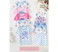 [5 ensembles aléatoires, 2 ensembles envoyés] Ensemble de pyjama 2 pièces pour bébé fille, Top à manches courtes blanc et short en tricot à col rond en tissu élastique ajusté décontracté 2Y,3Y,9-12M,1