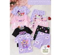 [5 ensembles aléatoires, 2 ensembles envoyés] Ensemble de pyjama 4 pièces en tricot doux et extensible, style idole K-POP mignon rose, violet, noir, col rond, manches courtes, shorts. Convient pour le