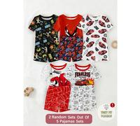[5 ensembles aléatoires, 2 ensembles envoyés] Ensemble de pyjama 4 pièces pour tout-petits garçons, t-shirt à col ras du cou en tricot extensible à manches courtes de couleur unie et shorts, imprimé d