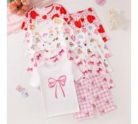 [5 ensembles aléatoires, 2 ensembles envoyés] Ensemble de pyjama court à manches courtes pour filles, imprimé cœur, fleur, nœud, ours d'été fin en tricot, Top à col rond ajusté confortable et short de