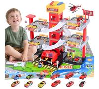 5 Etages Garage pour Enfants, Parking Jouet avec 12 Voitures et 1 Hélicoptère, Camion de Pompiers Jouet avec Ascenseur, Lumière et Son, Cadeaux pour Enfants de 3 4 5 6 7 8 9 Ans