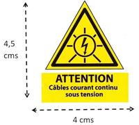 5 étiquettes adhésives - Attention câbles courant continu sous tension - Dim. 40 x 45 mm - autocollant - découpées à la forme - signalisation photovoltaique