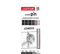 5 feutres écriture et dessin - Pour comics - Noir - Gris foncé - Gris clair - Uni-Ball Noir