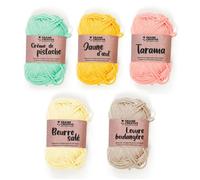 5 fils de coton spécial crochet 55 m - beige-jaune clair-vieux rose-jaune-vert clair