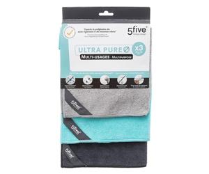 5 five simply smart 5five - 3 Chiffons Microfibre Anti-bactérien 30x40cm Multicolore - Multi-usages - Multi-Surfaces - Dépoussiérant - Dégraissant - Lavable en Machine