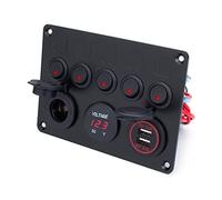 5 Gang 12V on-Off Voiture Bascule LED Interrupteur à Bascule Panneau disjoncteur 4 en 1 voltmètre numérique Double USB Chargeur Allume-Cigare (Color : Green)