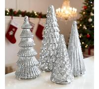 5 Illuminated Mercury Glass Trees, Stylish Lighted Gold Xmas Trees Figurine Set, Christmas Tree Figurine Ornaments for Home Party Centerpiece