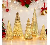 5 Illuminated Mercury Glass Trees, Stylish Lighted Gold Xmas Trees Figurine Set, Christmas Tree Figurine Ornaments for Home Party Centerpiece