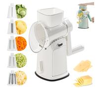 5 in 1 Cheese Grater with Handle, Rotary Cheese Grater with 10 Replaceable Stainless Blades, Chicken Shredder and Vegetable Chopper (White)