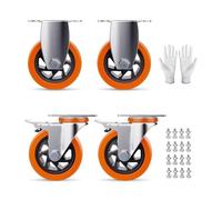 5 Inch Swivel Caster Wheels Set of 4, Heavy Duty Casters with Brake - Load 1800lbs, Polyurethane Locking Casters for Cart, Furniture, Workbench (Bonus of Screws & Gloves)