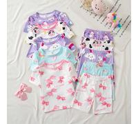 [5 jeux aléatoires, 2 jeux envoyés] Ensemble Top à manches courtes et short en tricot à col rond pour bébé fille, printemps/été. Imprimés mignons comme nœud, licorne, nœud-en-ciel, beignet, vache, nœu